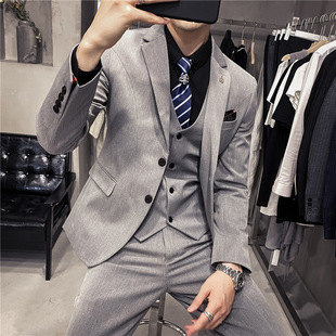 Four Seasons Men's Korean Style Back Slit Slim Fit Flat Lapel Suit Three-Piece Trousers Plus Size Suit