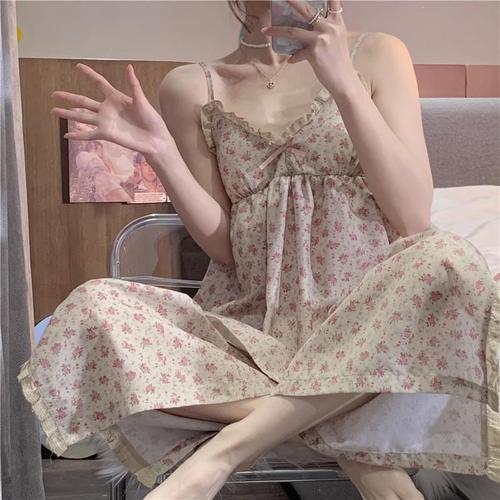 Pajamas with breast pads and straps for women, imitation cotton floral suit, summer pure lust, sweet lace, can be worn outside home clothes