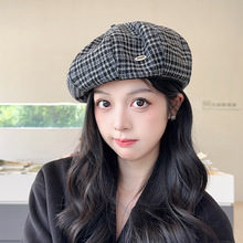 复古格纹贝雷帽子女春秋季文艺英伦风画家帽大头围显脸小百搭画家