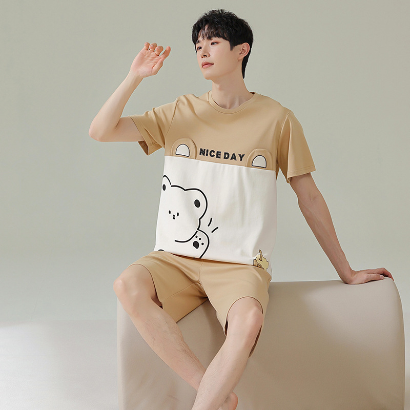 Pijamas de pareja pantalones cortos de manga corta de algodón de verano hombres y mujeres traje de homewear delgado de dibujos animados de oso lindo de algodón