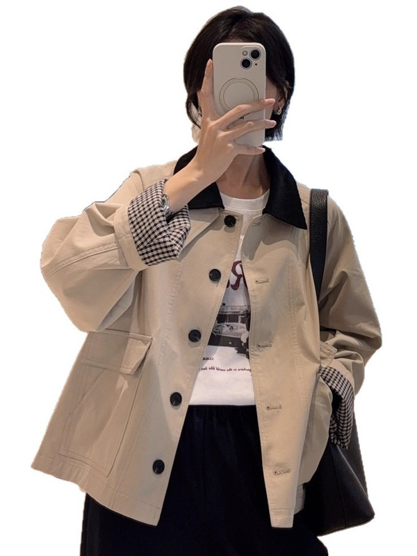 禾家2025早秋新款女装 巴恩风短款外套休闲翻领夹克风衣女G081803|undefined