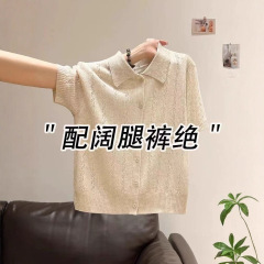 老钱风polo领冰丝针织短袖开衫女2025夏季设计感镂空T恤上衣