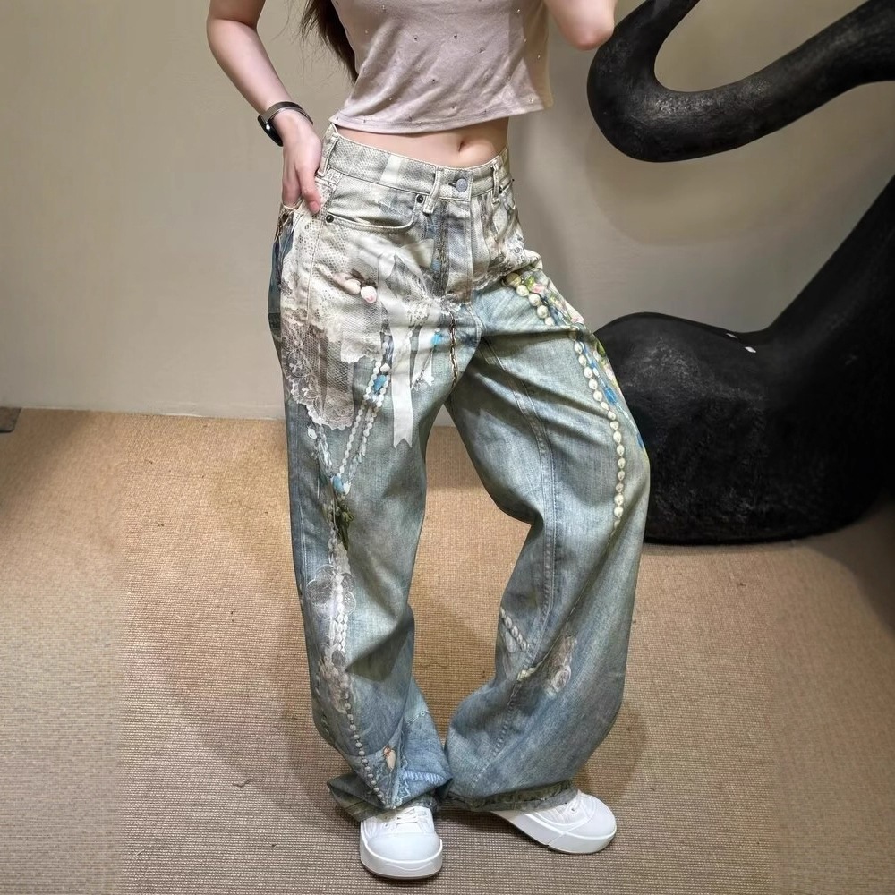 High Version~ A New 3D Printing Three-dimensional Lace Pearl Heavy Industry Printing Scimitar Straight Jeans Trousers_ecoleips.com