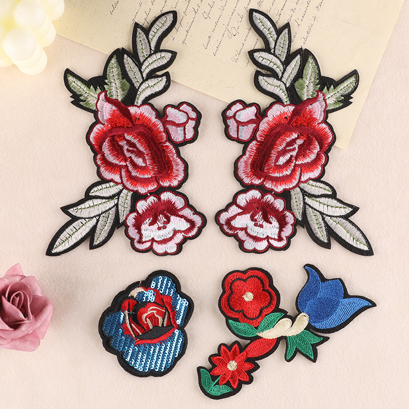 千枫绣品电脑绣花服装辅料箱包配饰玫瑰花布标背胶补丁贴刺绣布贴