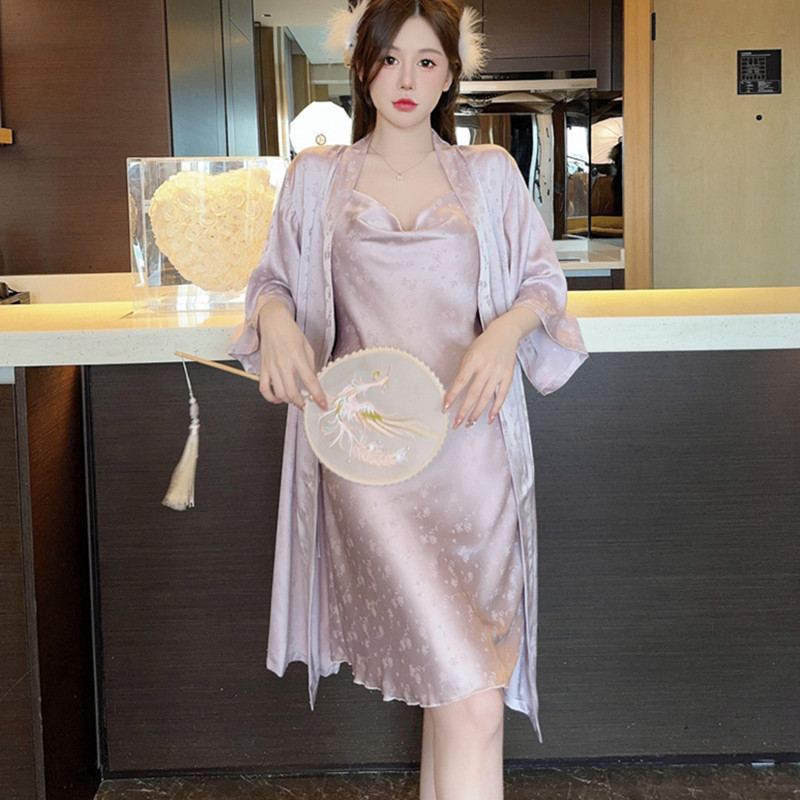 Sexy Pajamas Women's Spring and Autumn New Ice Silk High-grade Jacquard Swing Collar Exquisite Elegant Nightdress Bathrobe suit Summer