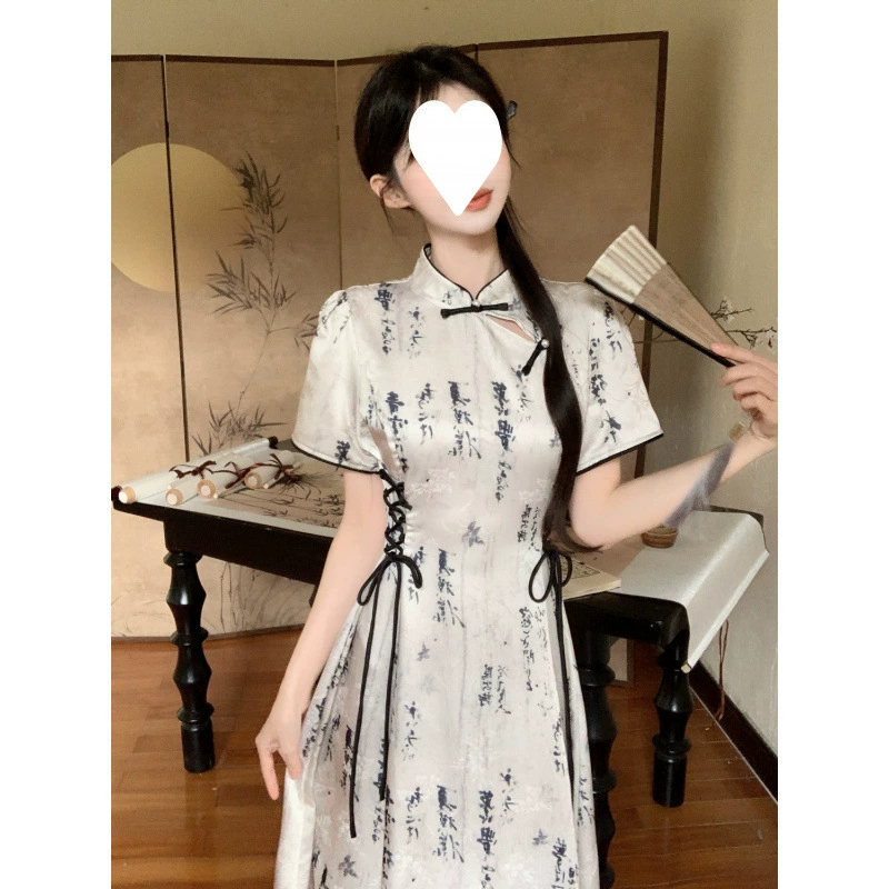 2025 летнее женское платье больших размеров в китайском стиле, улучшенное национальное платье Cheongsam с чернильным принтом, элегантное утягивающее платье.