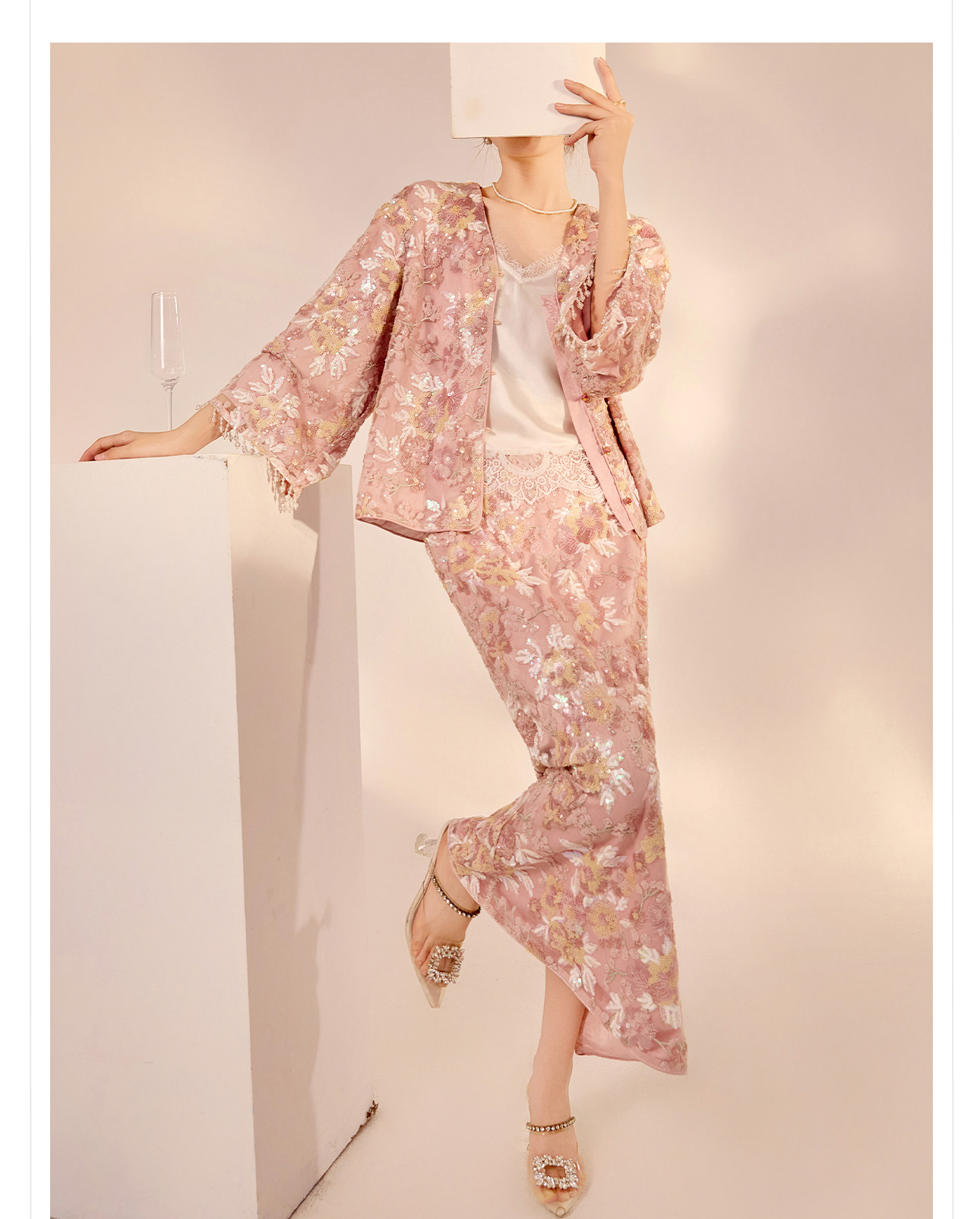 Set áo khoác và chân váy nữ phong cách Tân Trung Hoa thêu sequin cao cấp N2064 — Váy nửa, Áo khoác chi tiết 11