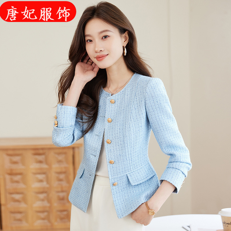 Blue Round Neck Suit Jacket for Women, New High-End Tweed French Style Small Suit for Ladies Blue Round Neck Suit Jacket for Women, New High-End Tweed French Style Small Suit for Ladies