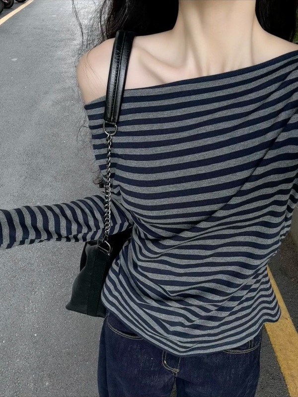 韩式慵懒一字肩条纹款长袖t恤女夏季松弛感修身wintage风斜肩上衣|undefined