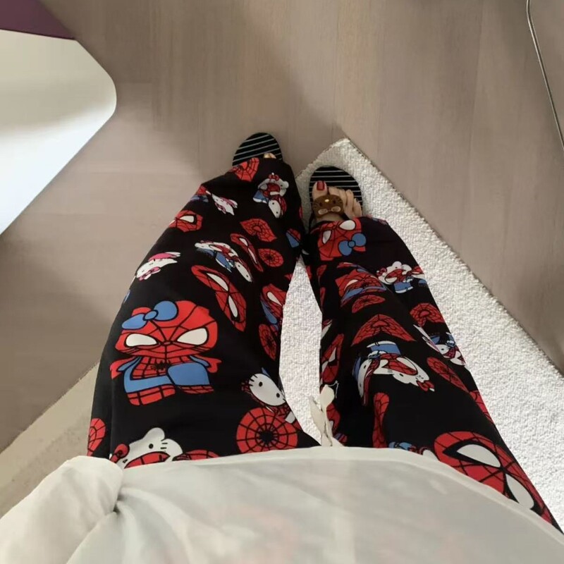 Tall Women's Cartoon Spider Sleep Pants, Loose Fit, Summer Air-Conditioned Long Pants, Suitable for Outdoor Casual Wear