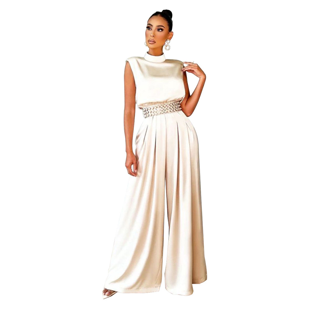 K10190 AliExpress ropa de mujer europea y americana 2022 nueva moda Pantalones de pierna ancha color sólido cuello alto sin mangas cintura mono image 9