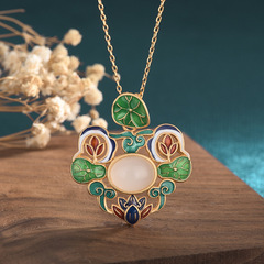 Chinese-style ancient dress qipao accessory with enamel painting and inlaid imitation Hetian jade lotus leaf and lily pond retro necklace for women