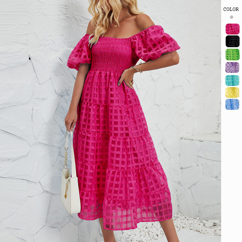 Amazon Cross-border Summer Long dress Bubble Short-sleeved Elegant Layered Beach A- line Dress with Limi for Women