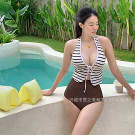 ins泳衣女泰国in性感复古黑白条纹比基尼平角裤遮肚显瘦海边度假