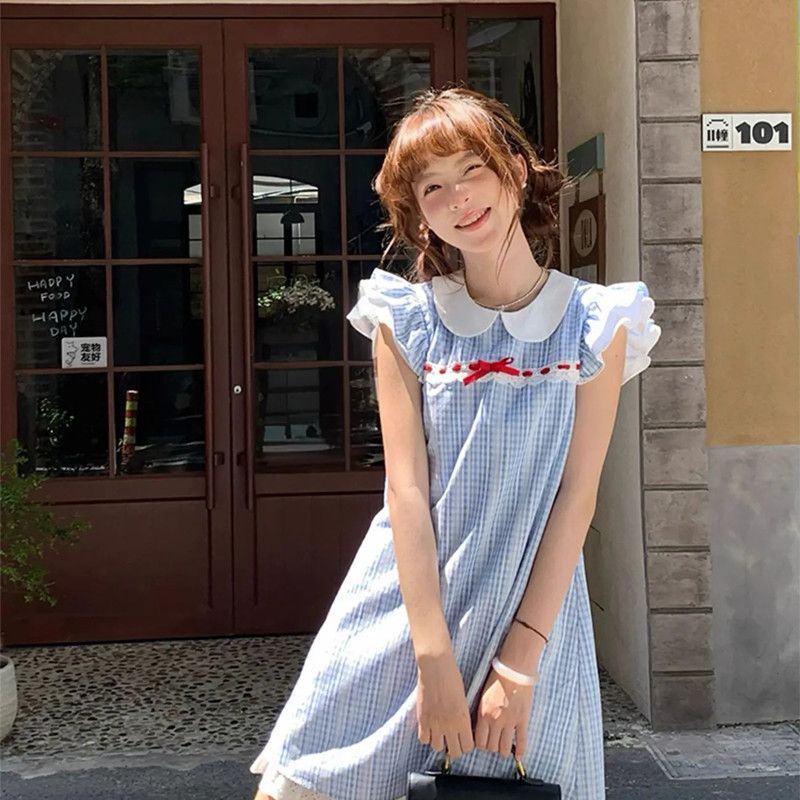 French Doll Collar Lace Plaid dress 2025 Summer Flying Sleeve Bow Girl Student Princess Dress
