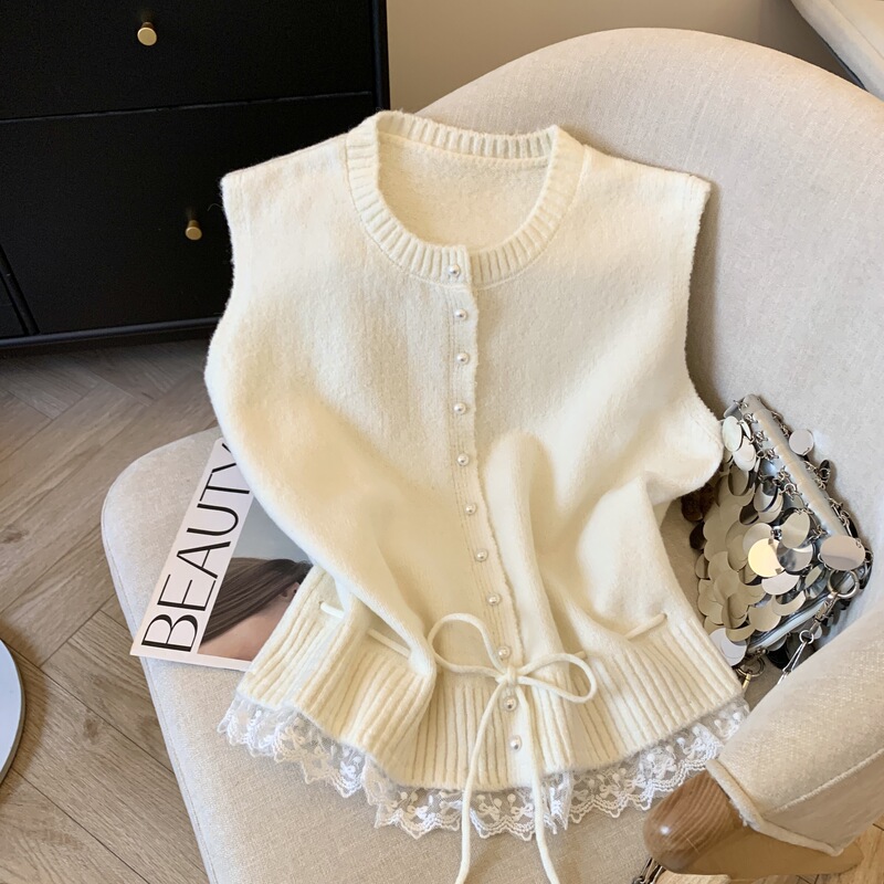 Autumn Outer Layering Knitwear Single-Breasted Vest Top Round Neck Lace Splicing Lace-Up Vest Knitwear for Women Autumn Outer Layering Knitwear Single-Breasted Vest Top Round Neck Lace Splicing Lace-Up Vest Knitwear for Women