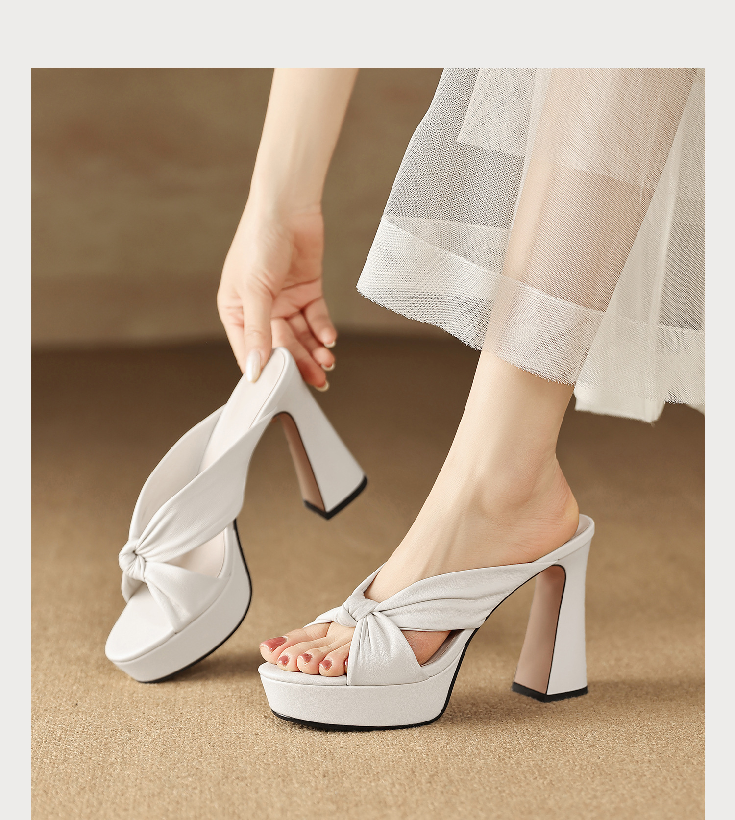 Sandal cao gót nữ mũi hở da cừu mềm, đế xuồng platform, gót vuông 8-10cm, nơ bướm — Hồng 8cm, Xanh da trời 10cm, Hồng 10cm, Trắng kem 8cm chi tiết 14