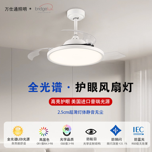 New Eye-Care Full Spectrum Invisible Blade Fan Ceiling Fan LED Light with Variable Speed Silent Living Room Dining Room Fan Light