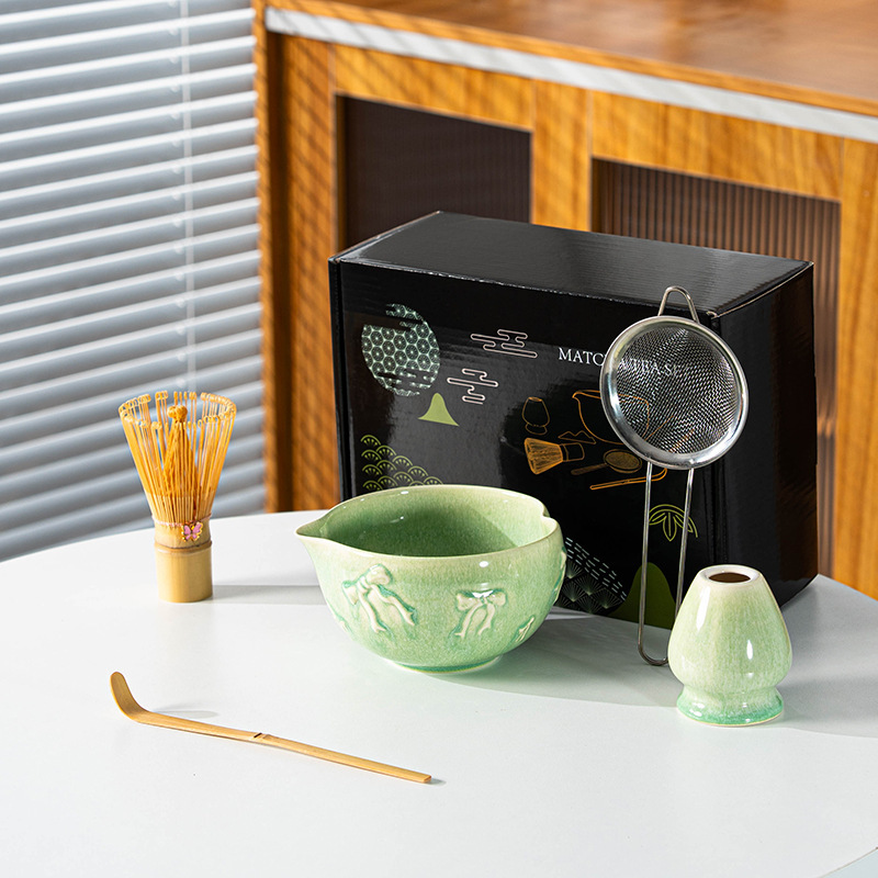 跨境专供新款抹茶碗带嘴陶瓷日式抹茶套装彩盒7件套爱心百本立|undefined