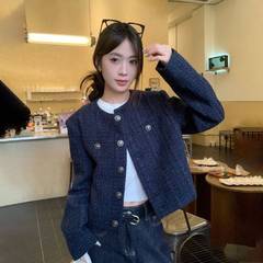 藏蓝色短款小香风外套女2025秋冬季单排复古新款高级宽松长袖上衣
