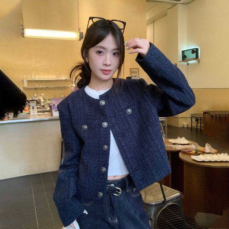 藏蓝色短款小香风外套女2025秋冬季单排复古新款高级宽松长袖上衣|undefined