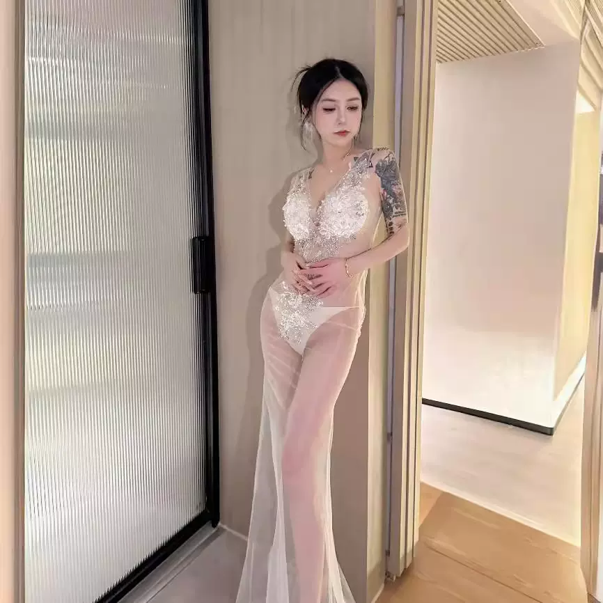 夜店情趣性感透视长裙刺绣珍珠包臀礼服夜场工装桑拿技师服
