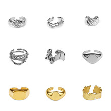 小众设计锡箔纸不规则纹理开口戒指椭圆形方形气质个性食指戒批发