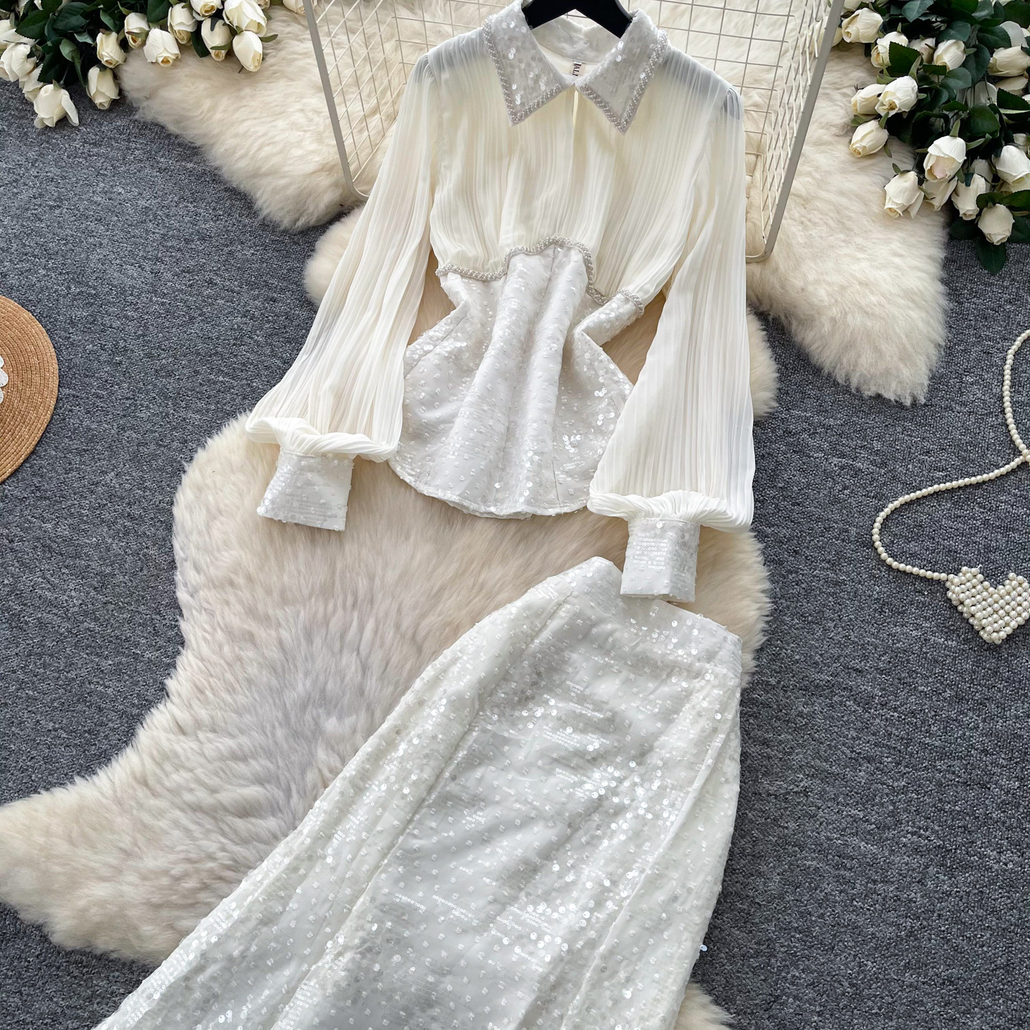 Women's French Style Sequined Mesh Pleated Two Piece Set With Fitted Waist Elegant Sophisticated Look For Spring Autumn_ecoleips.com