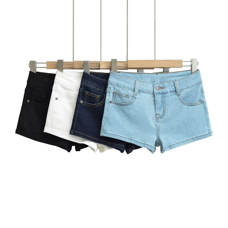 1362-24 Spring New American Simple Casual Single Buckle Leather Label Rear Pocket Super Elastic Low Waist Denim Shorts
