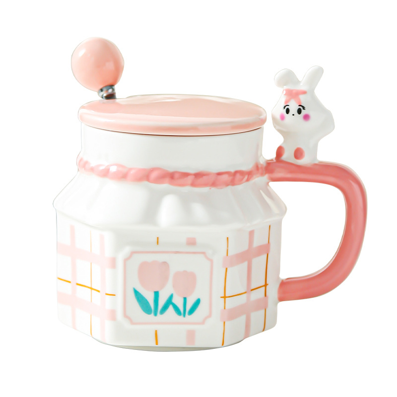 Taza de pareja de flores de conejo de tulipán Taza de cerámica de oficina de alto valor creativo Taza de café con tapa