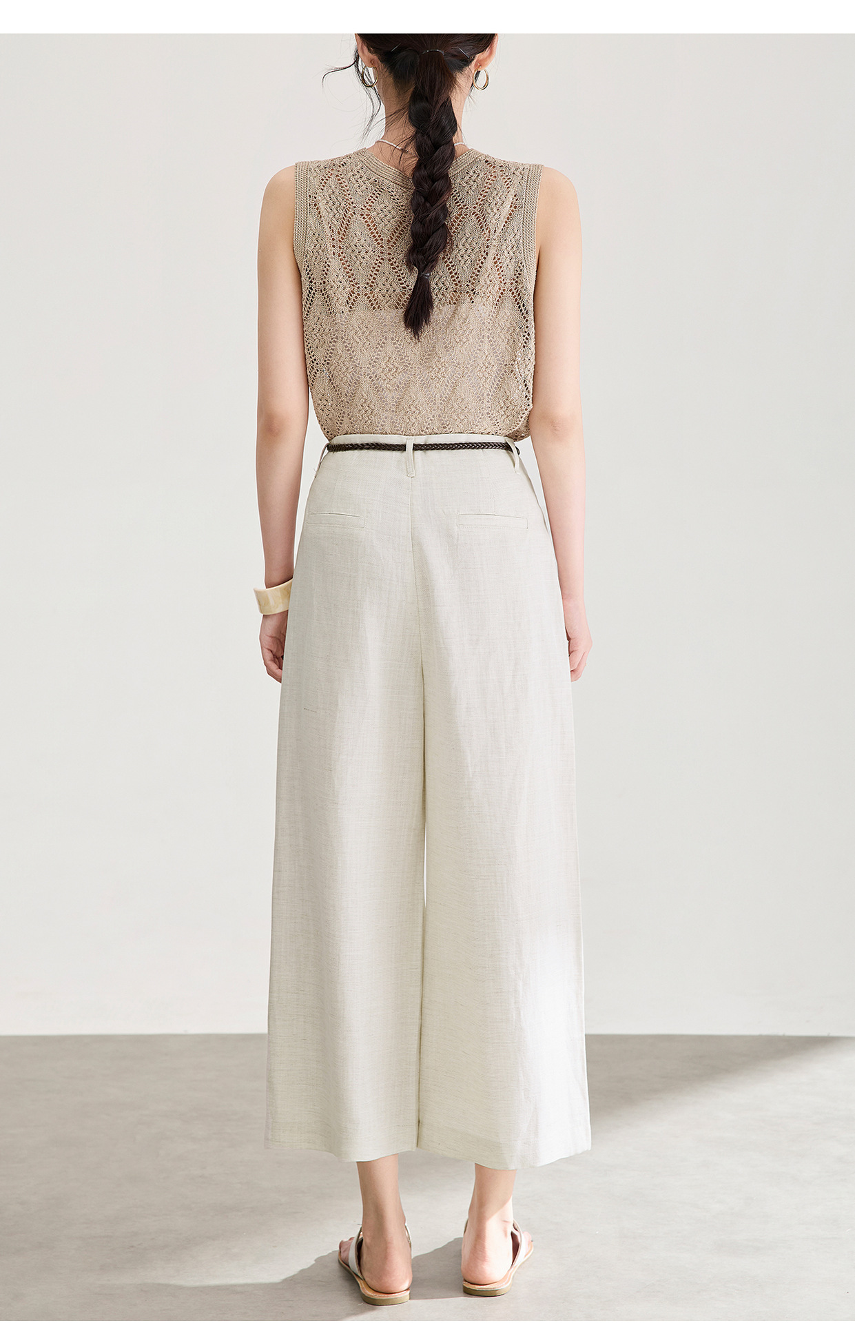 Quần culottes nữ ống rộng chất liệu linen phối sợi tencel, cạp cao dáng suông, mặc mùa hè thoáng mát — Xanh lông mòng đen chi tiết 15