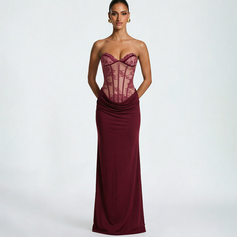 2026 nuevo estilo de verano de estilo europeo y americano de estilo de mujer transfronterizo línea de impresión de encaje de cuello plegado vestido de costura mujer image 3