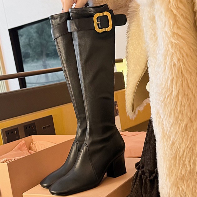 2025 New Autumn and Winter Style 7cm Thick Heel ~ Zhang Yuanying's Same Style Gold Buckle Half-Zip Thick Heel Long Knight Boots for Women