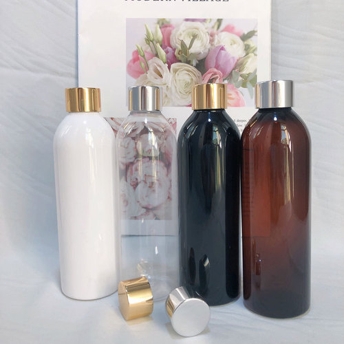 250ml round shoulder ml gold and silver anodized aluminum screw cap PET transparent plastic repackaged solid emulsion empty bottle