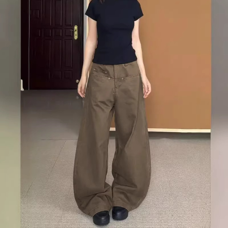 Coffee-Colored Vintage Distressed Scythe-Shaped Jeans for Women, Unique Design, Slimming Wide-Leg Loose-Fitting Floor-Length Pants