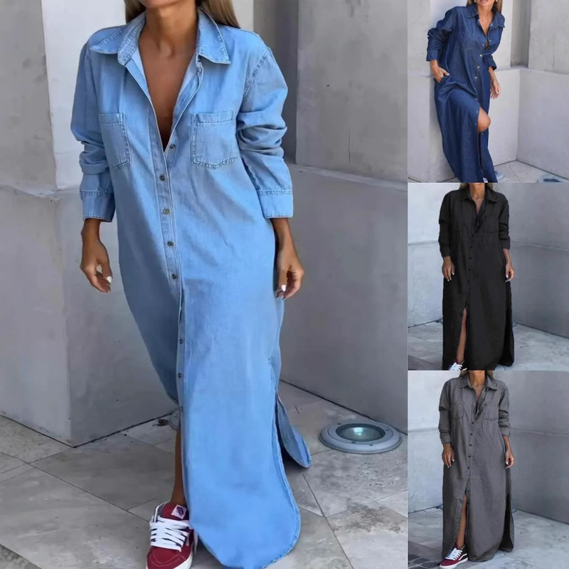 2025 Spring New Amazon Independent Station European and American Cross-Border Lapel Cardigan Long Sleeve Denim Women's Extra Long Dress