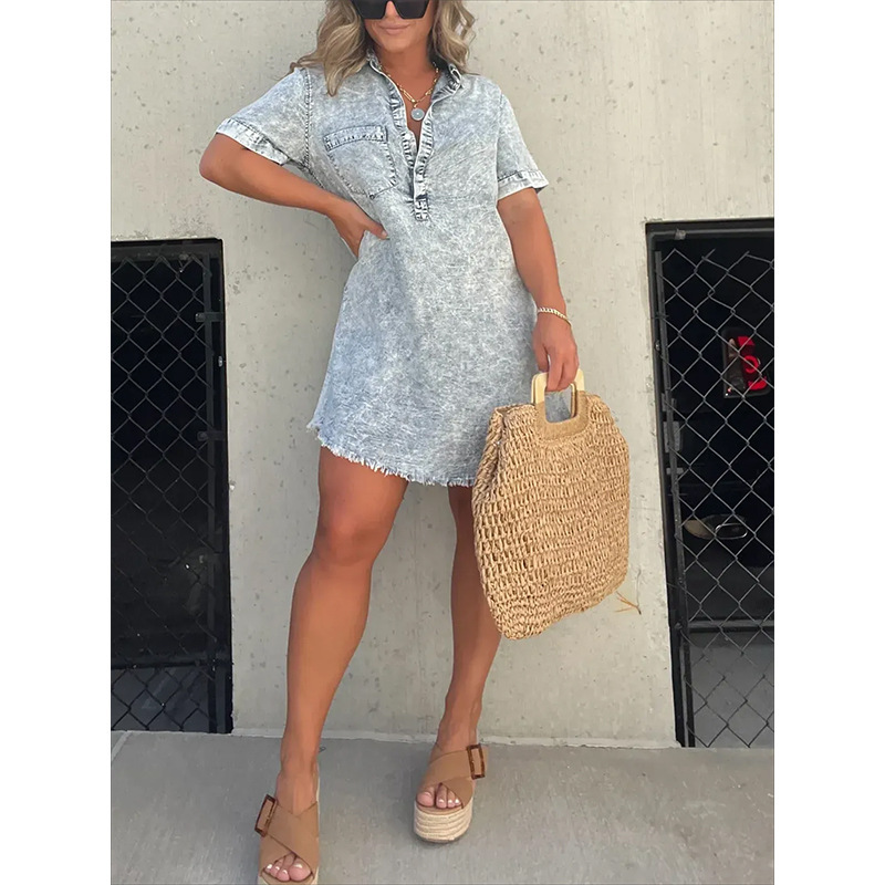 2023 New European and American Cross-Border Summer Hot-Selling Shirt Collar Denim Skirt Tassel Hem Dress Short Skirt