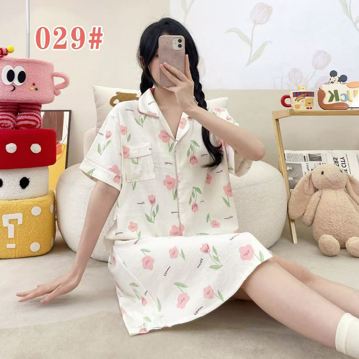 Pijama de verano de manga corta cardigan con solapa impresión de dibujos animados nubes de algodón dulce suelto medio largo vestido transfronterizo