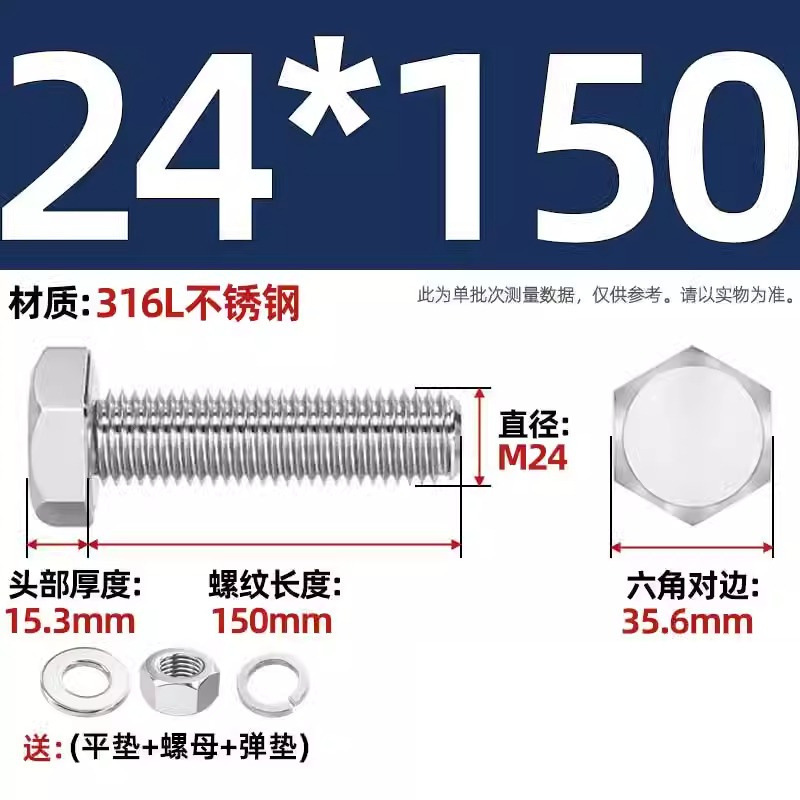 316L acero inoxidable perno hexagonal macho conjunto de tuerca de tornillo conjunto de cojín elástico plano completo M6M8M10M12-M20 image 276