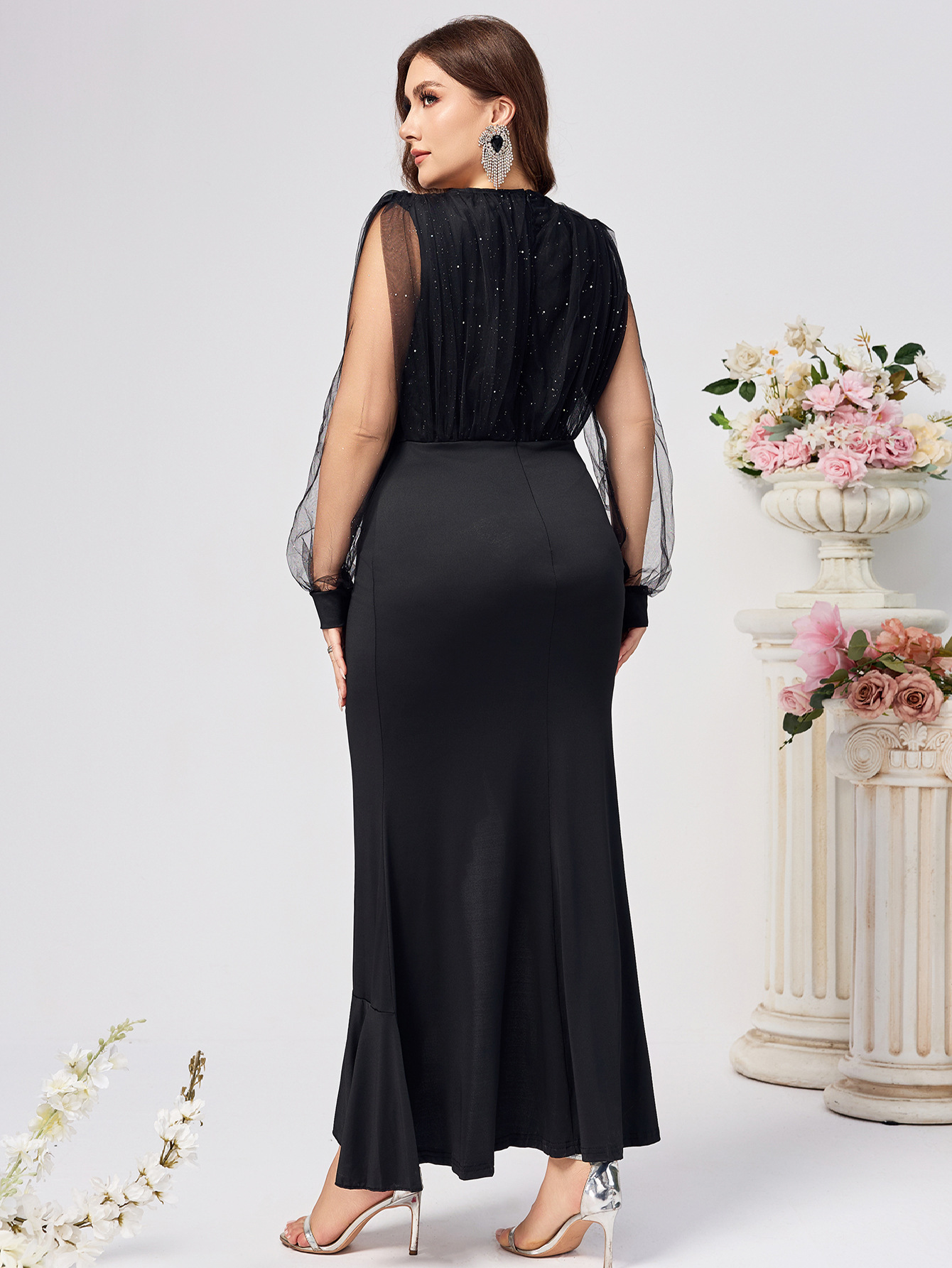 Europa y los Estados Unidos comercio exterior transfronterizo exclusivo para V-collar malla manga desear Amazonas temperamento elegante vestido de mujer grande