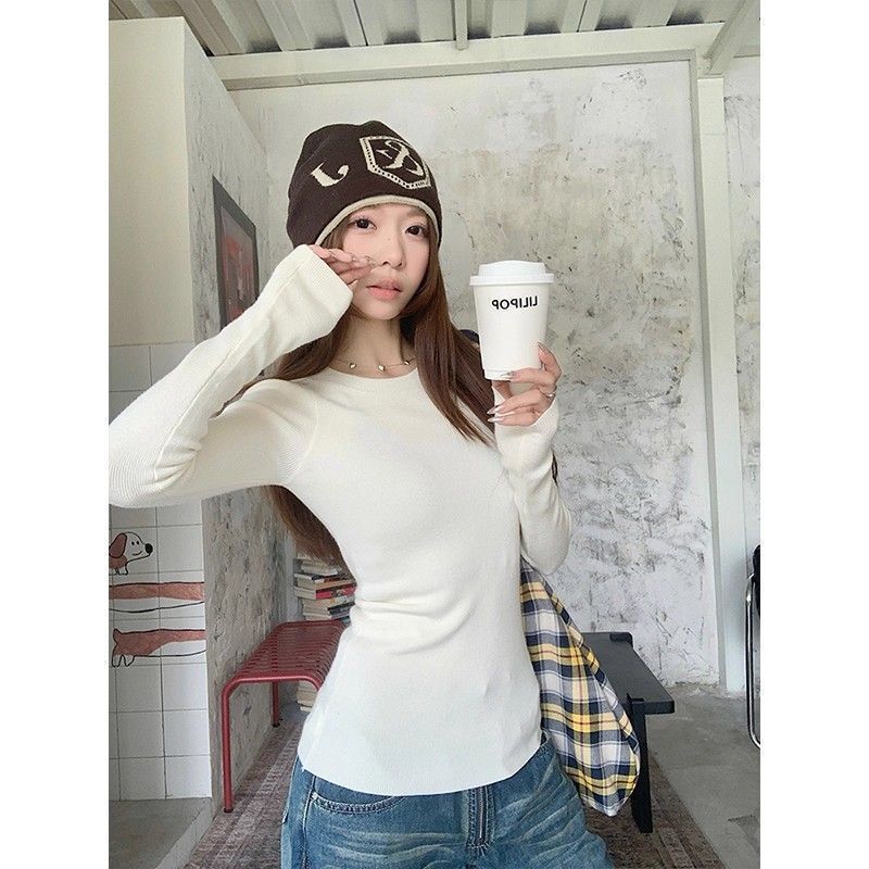 White Inner Layer Pullover Round Neck Long-Sleeve Knit Sweater Women's Autumn Versatile Slimming Casual Top White Inner Layer Pullover Round Neck Long-Sleeve Knit Sweater Women's Autumn Versatile Slimming Casual Top