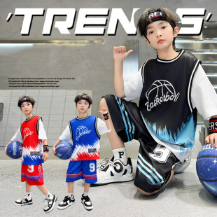 Summer Children's Youth Vigor Loose Sports Suit Boy's Handsome Fake Two-piece Short-sleeved Shorts Training Basketball Suit