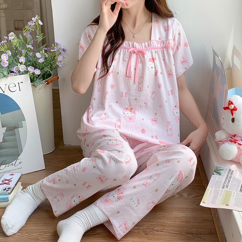 Hellokitty verano nuevo estilo doble pantalones cortos pijamas de tres piezas nube mujer algodón transpirable cuello cuadrado dulce y fresco