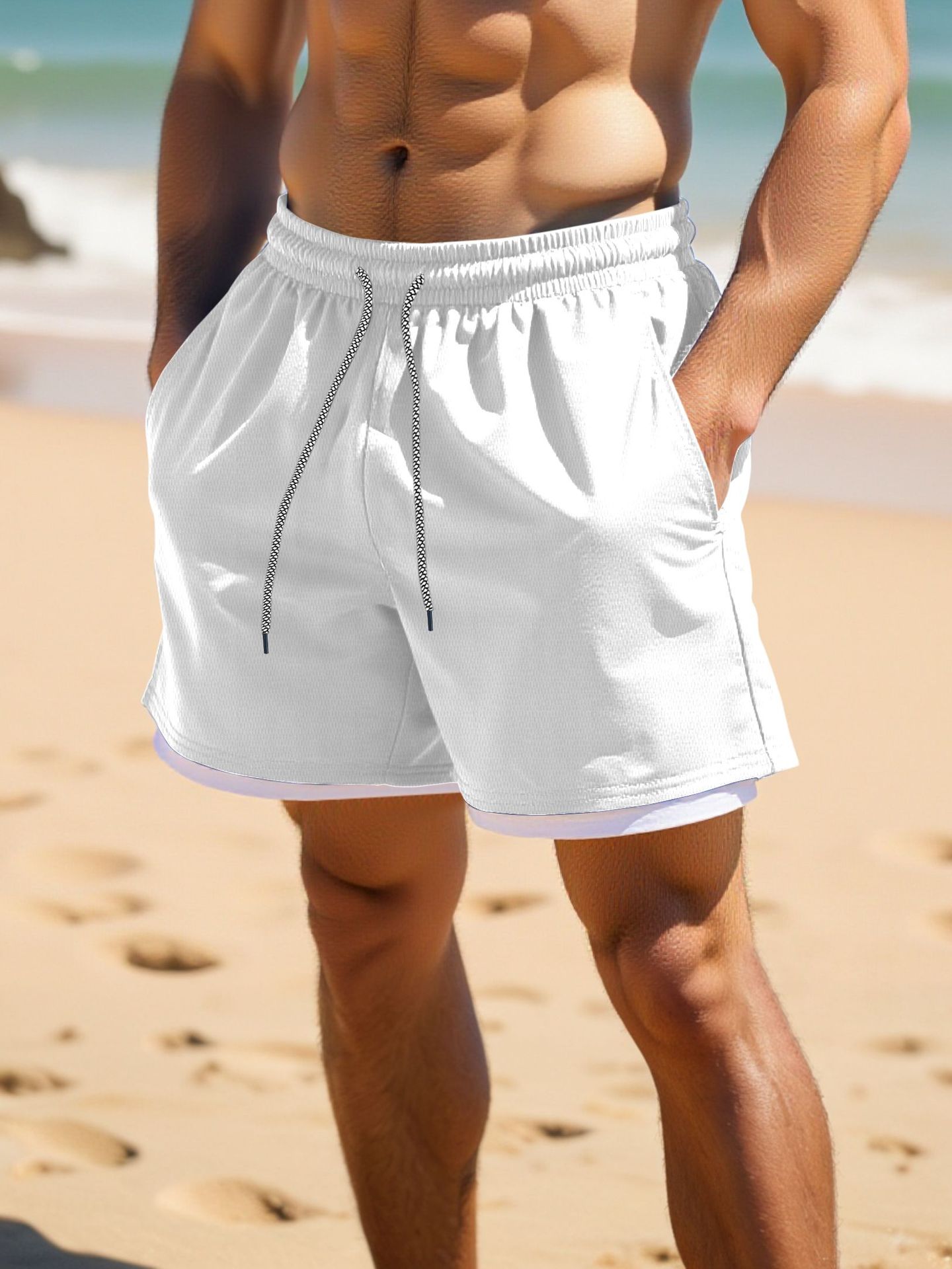 Short double épaisseur de couleur unie pour homme, pantalon de plage, de loisirs en plein air, short réglable avec cordon de serrage_voghion.com