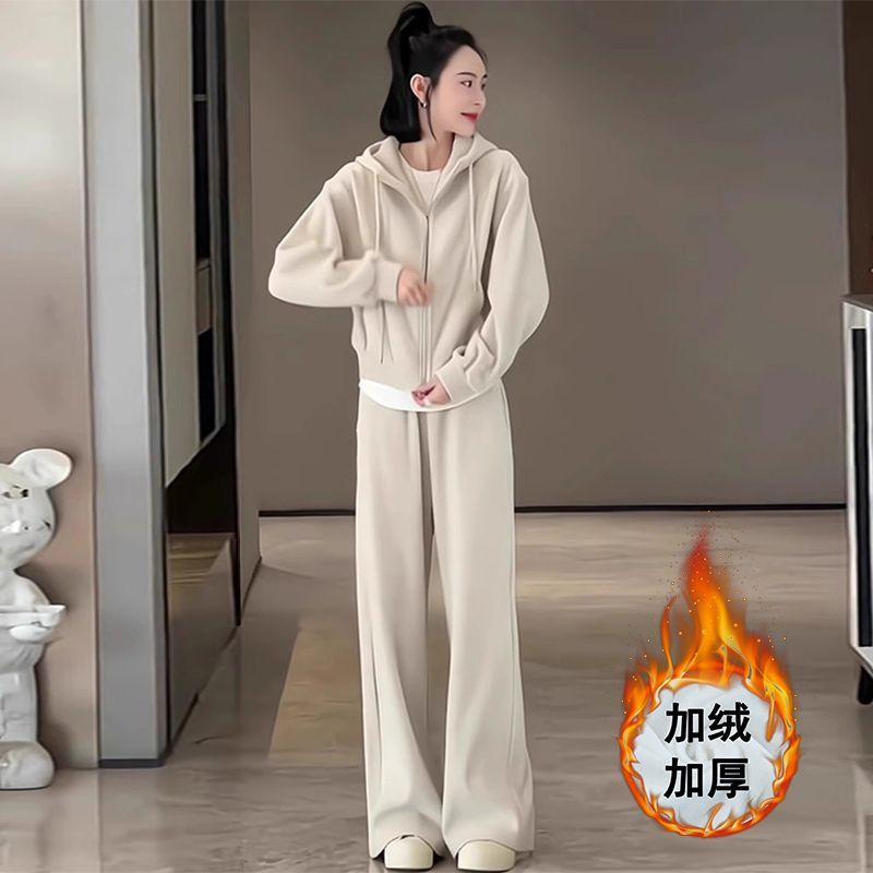 网红时尚运动服套装女秋冬加绒加厚连帽卫衣阔腿裤休闲两件套跑步|undefined