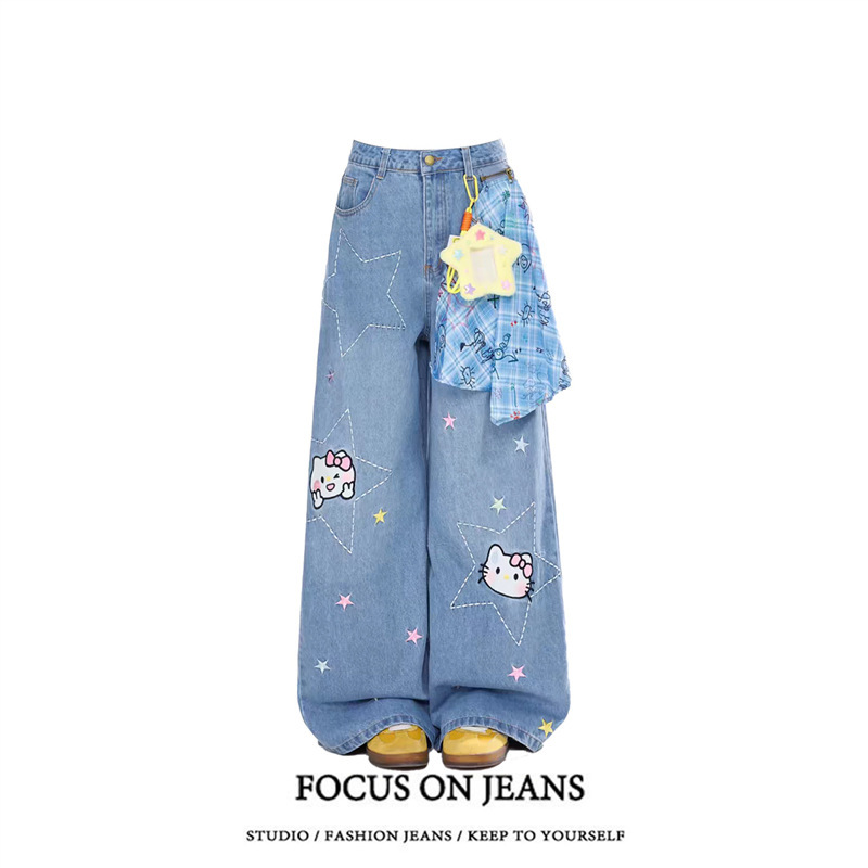 Cute Cartoon Star Kitten Embroidered Jeans for Women, 2026 Summer New Style, Loose Straight Wide-Leg Pants