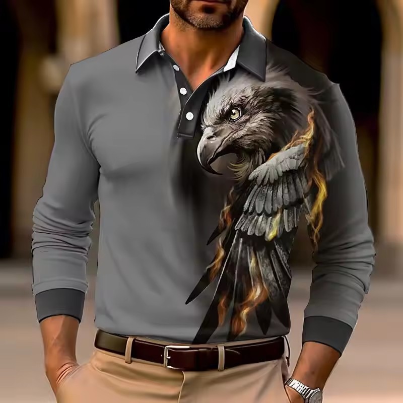 2024 venta caliente águila 3D impresión digital hombres malla suelta transpirable manga larga botones cuello jersey POLO