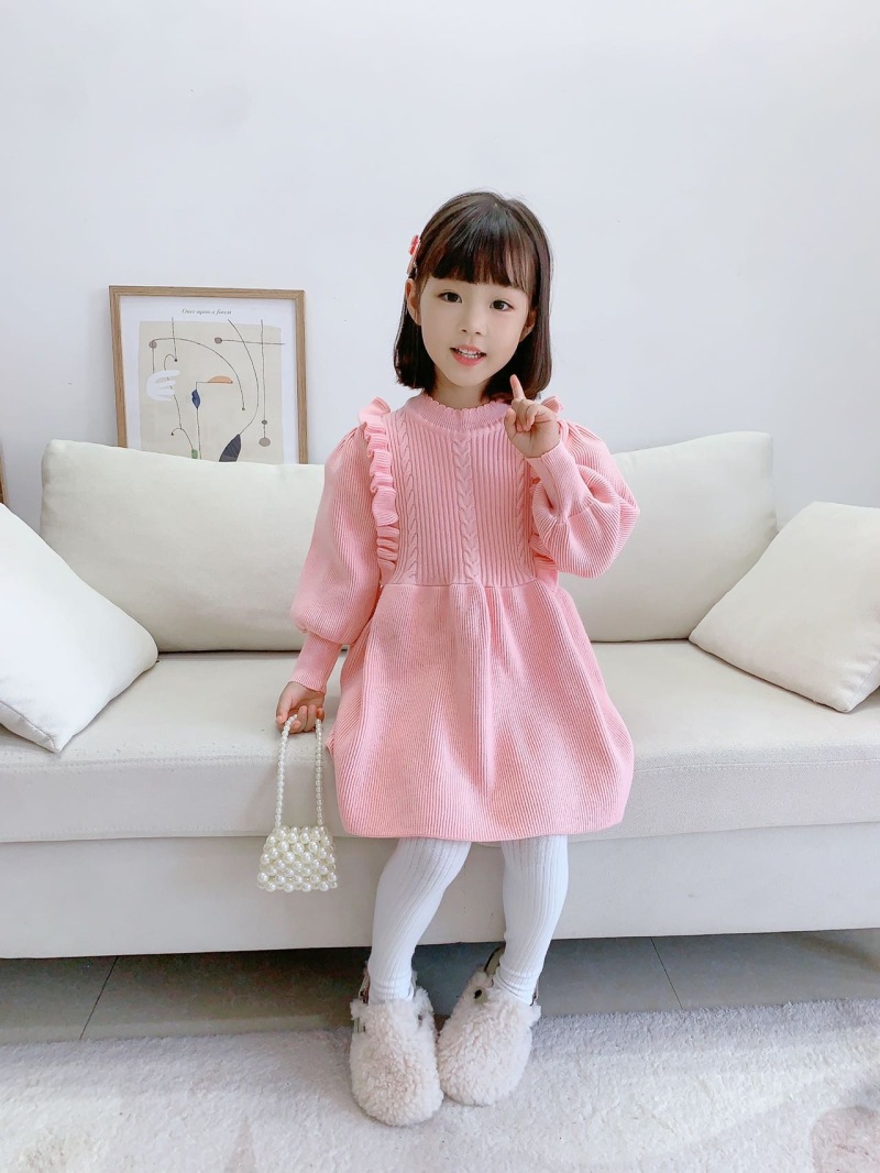 Girls Knitted Dress Autumn Winter Solid Colour Long Sleeve Style_voghion.com