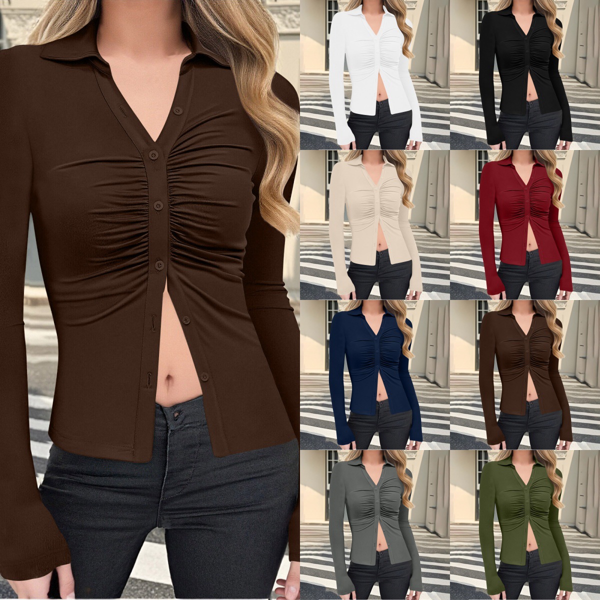 European and American Cross-Border Sexy Ruched Slimming Versatile Waist-Cinching Long-Sleeve Women's Blouse Top 260g