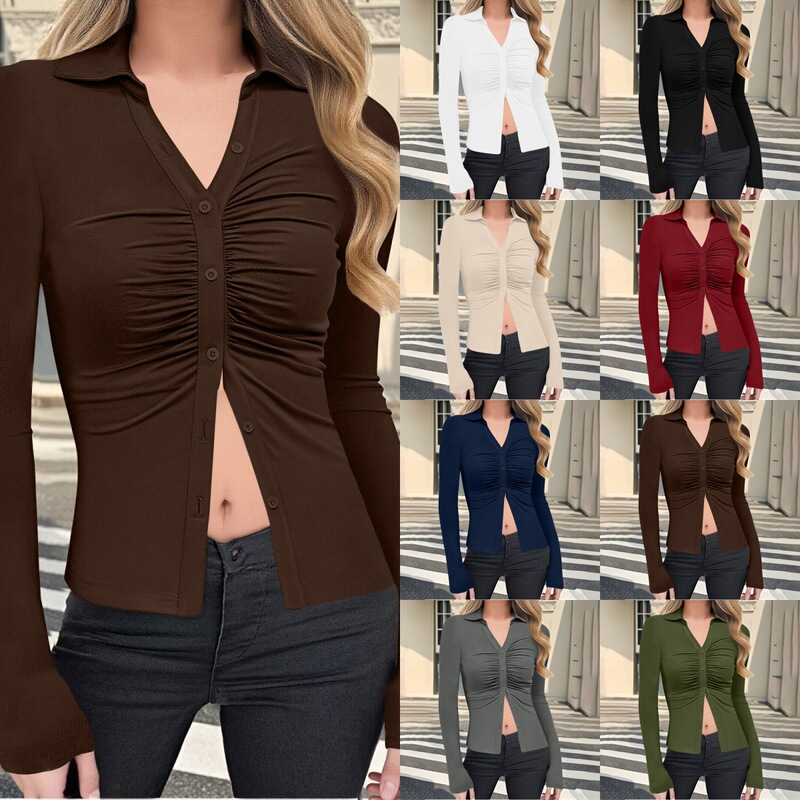 European and American Cross-Border Sexy Ruched Slimming Versatile Waist-Cinching Long-Sleeve Women's Blouse Top 260g